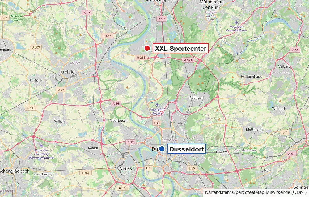 Karte mit Düsseldorf im Süden und dem XXL Sportcenter im Süden von Duisburg